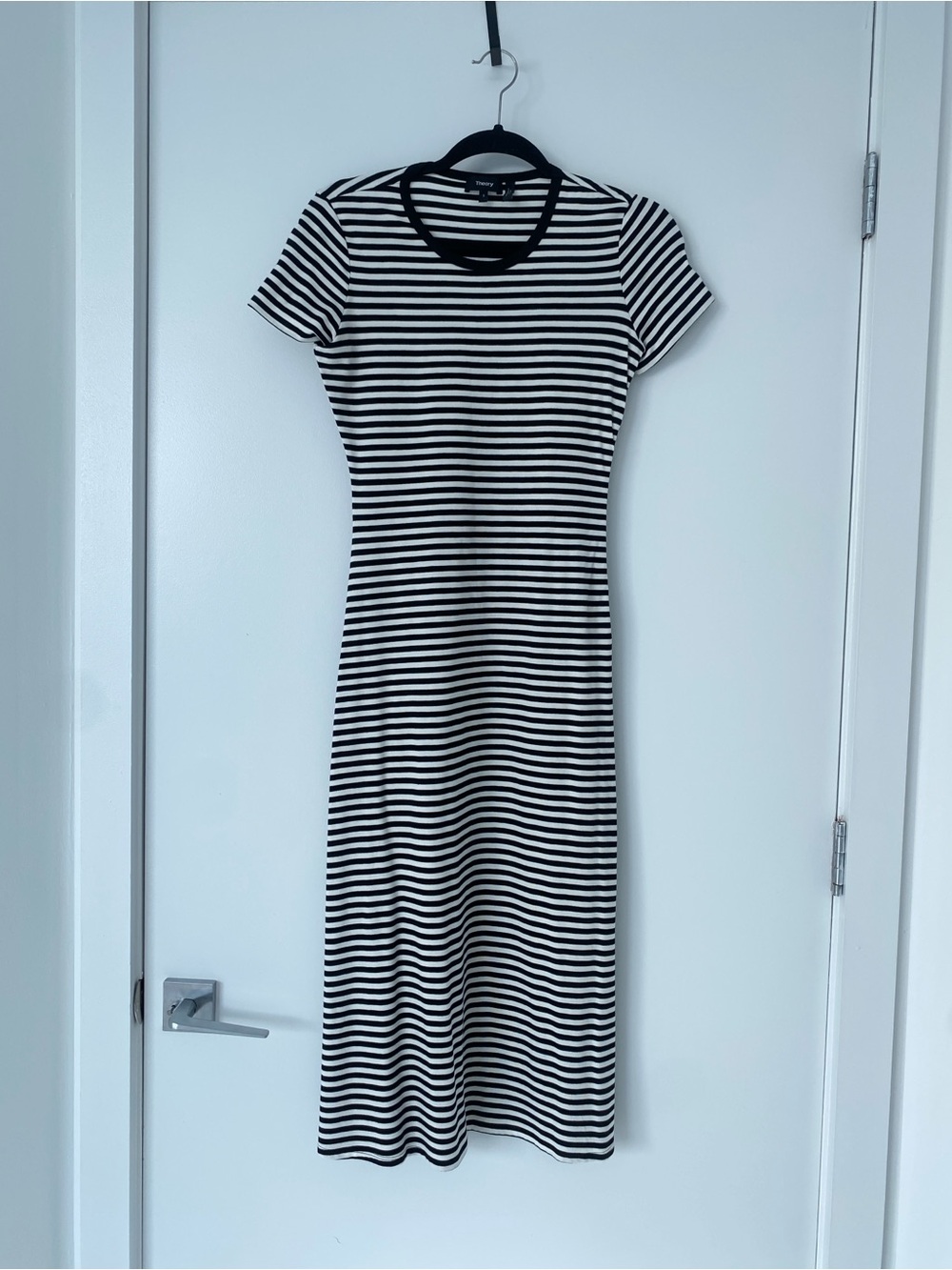 Theory Black & White Striped Short Sleeve Midi Dress